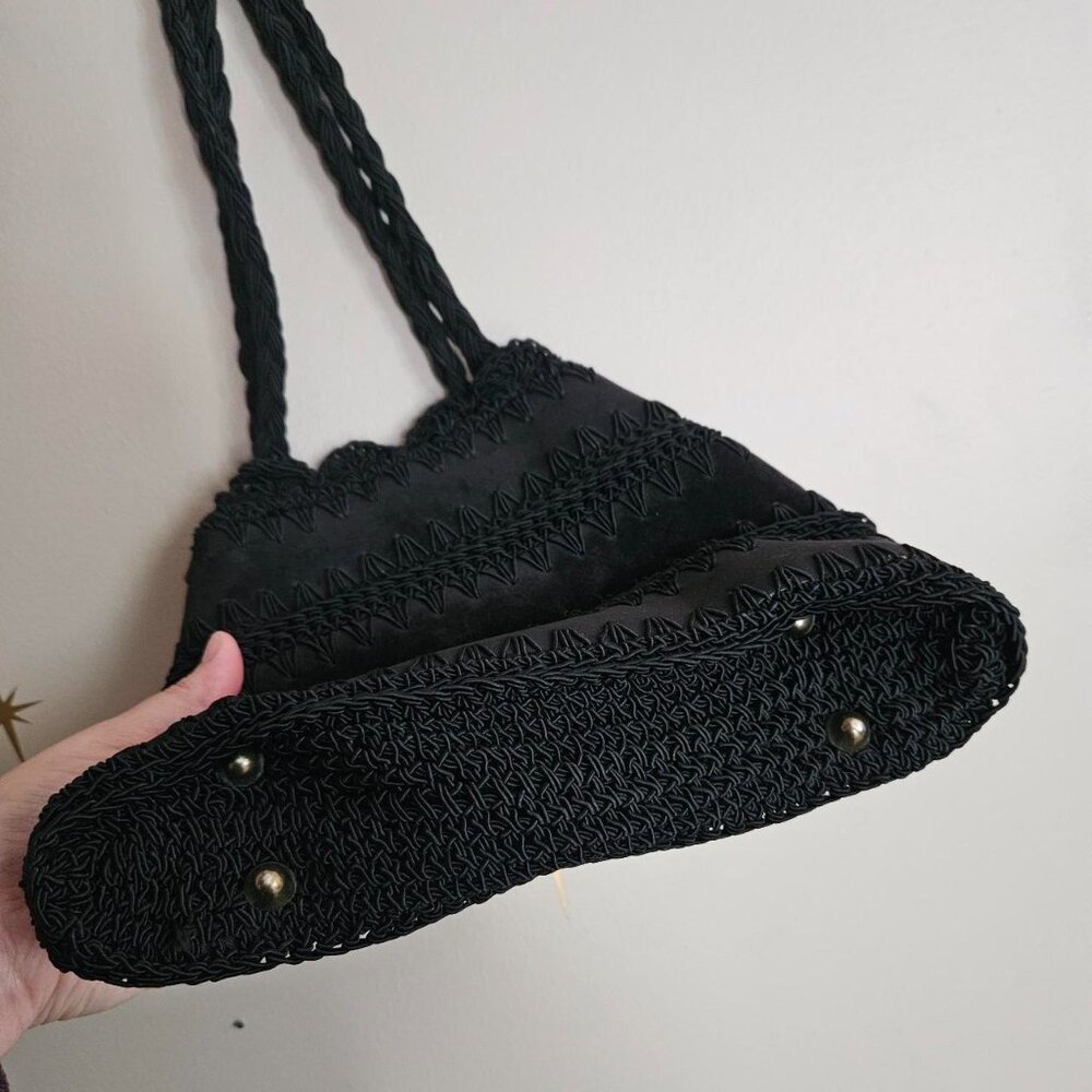 Vtg Walborg Italian Shoulder Purse, Black Leather with braiding Whimsigoth Boho - Picture 5 of 6